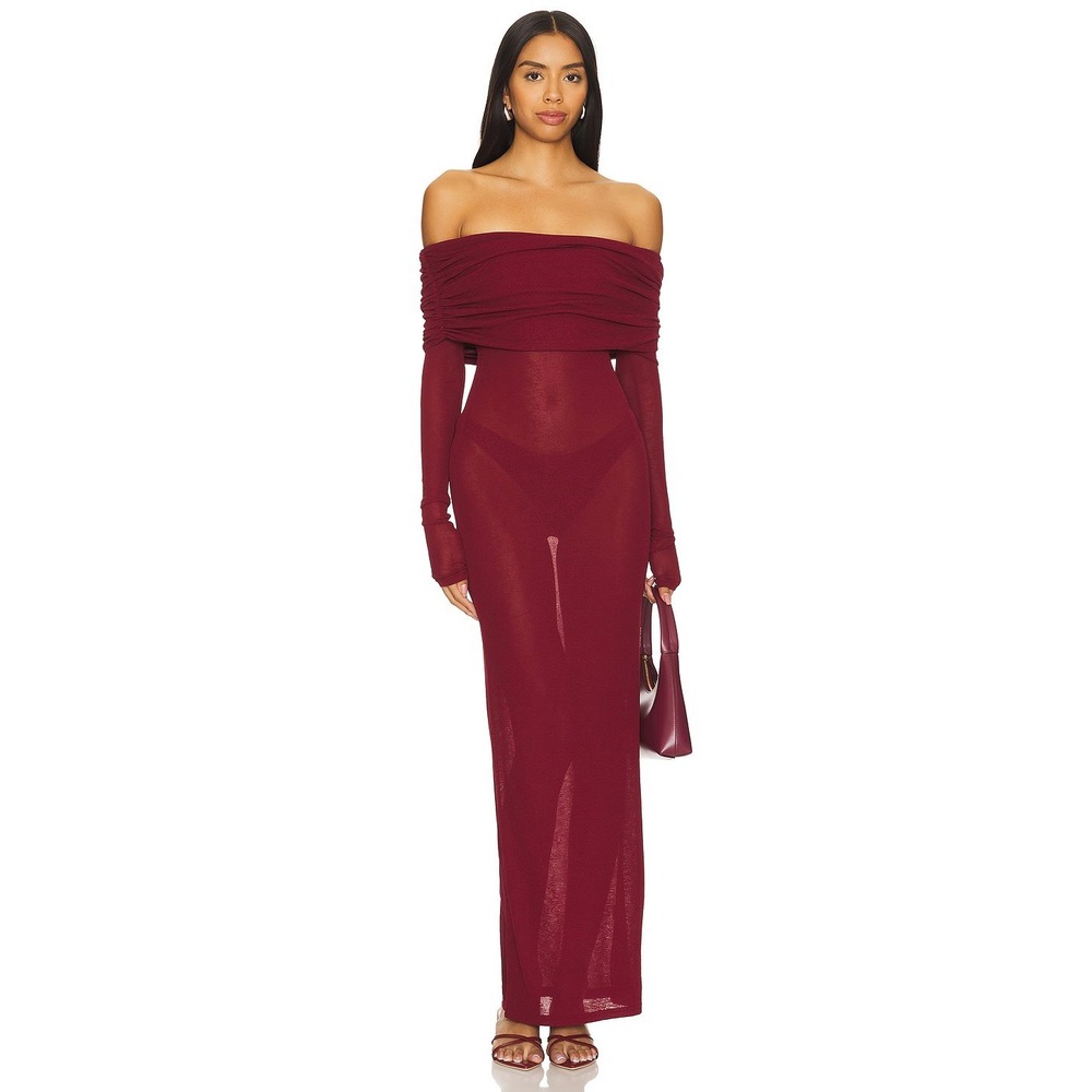 NWT Superdown Chantal Sheer Gown Wine Red Off Shoulder Maxi Dress Long Sleeve  M